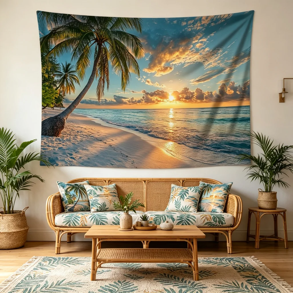 1PC Beach Sunset Palm Tree View Print Backdrop Banner, Bedroom Living Room Photo Background, Polyester, Home Decor, Wall Art