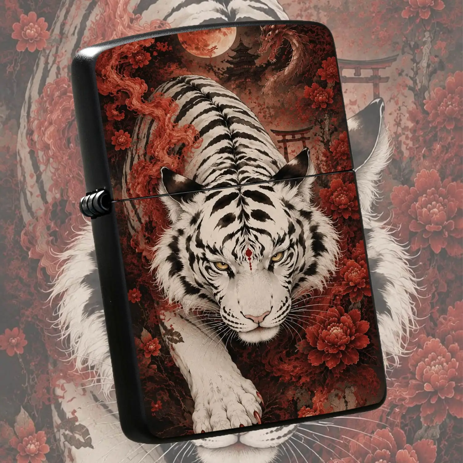 Exquisite OrientalPattern Lighter, Mystical Blood Moon Red Peony Dragon Art Design, Stylish Portable Decor for All Scenes, Unique Aesthetic Gift for Daily Use and A Humorous And Interesting Lighter