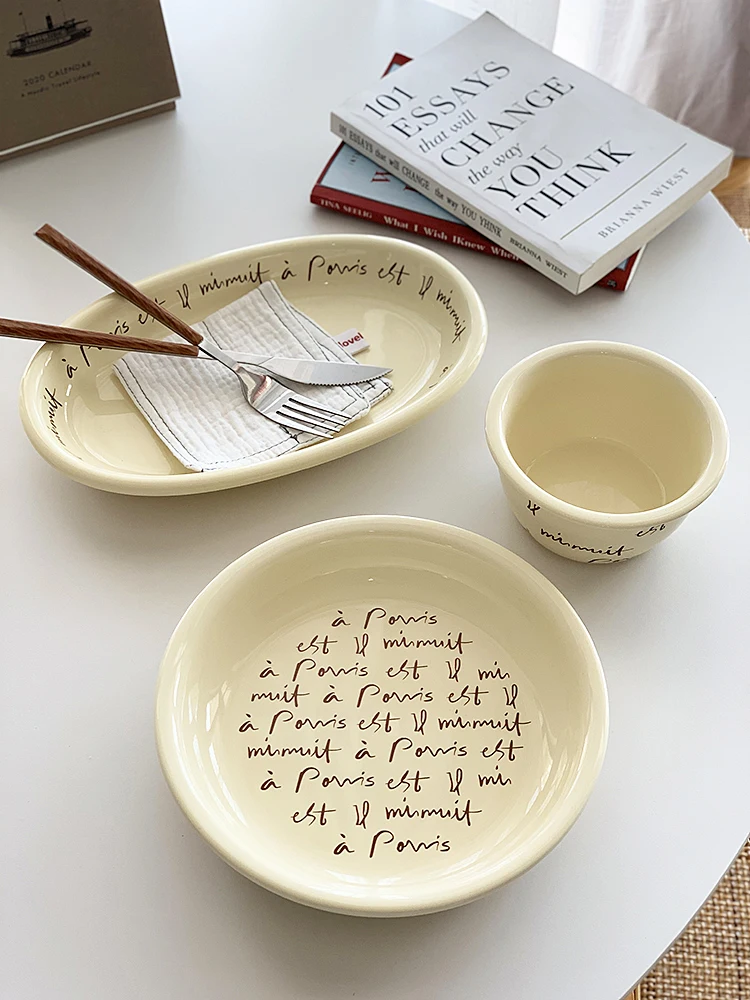 

Anmuli Yellow Cerc Bowl with French bet Design Oval Plate Reversed Mouth Di Korean Sle Pure Color Dining Utensils