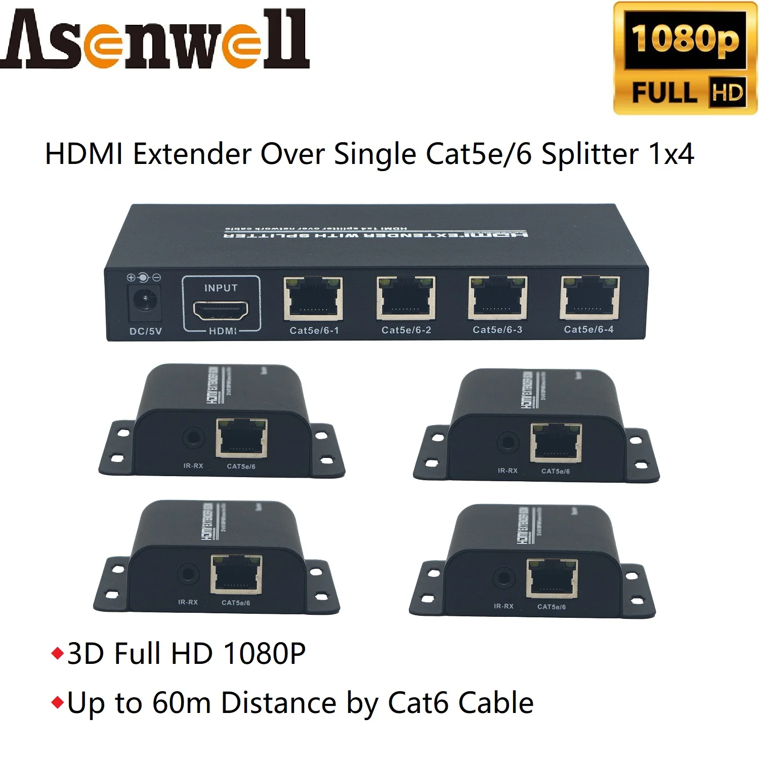 

HDMI Splitter Extender 1x4 60m By Signal Cat5e 6 RJ45 Up to 200Feet IR Cable 1080P 3D HDMI Transmitter Receiver HD for PS4 HD TV