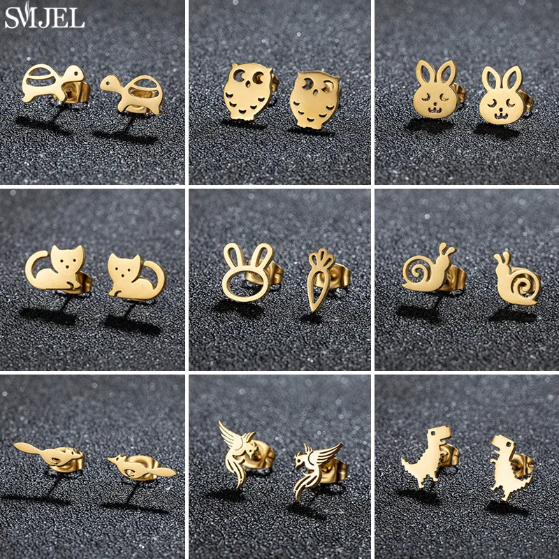 Multiple Animal Stainless Steel Earings Fashion Jewelry Minimalist Snail Owl Fox Dinosaur Stud Earrings Boucle D'Oreille Femme