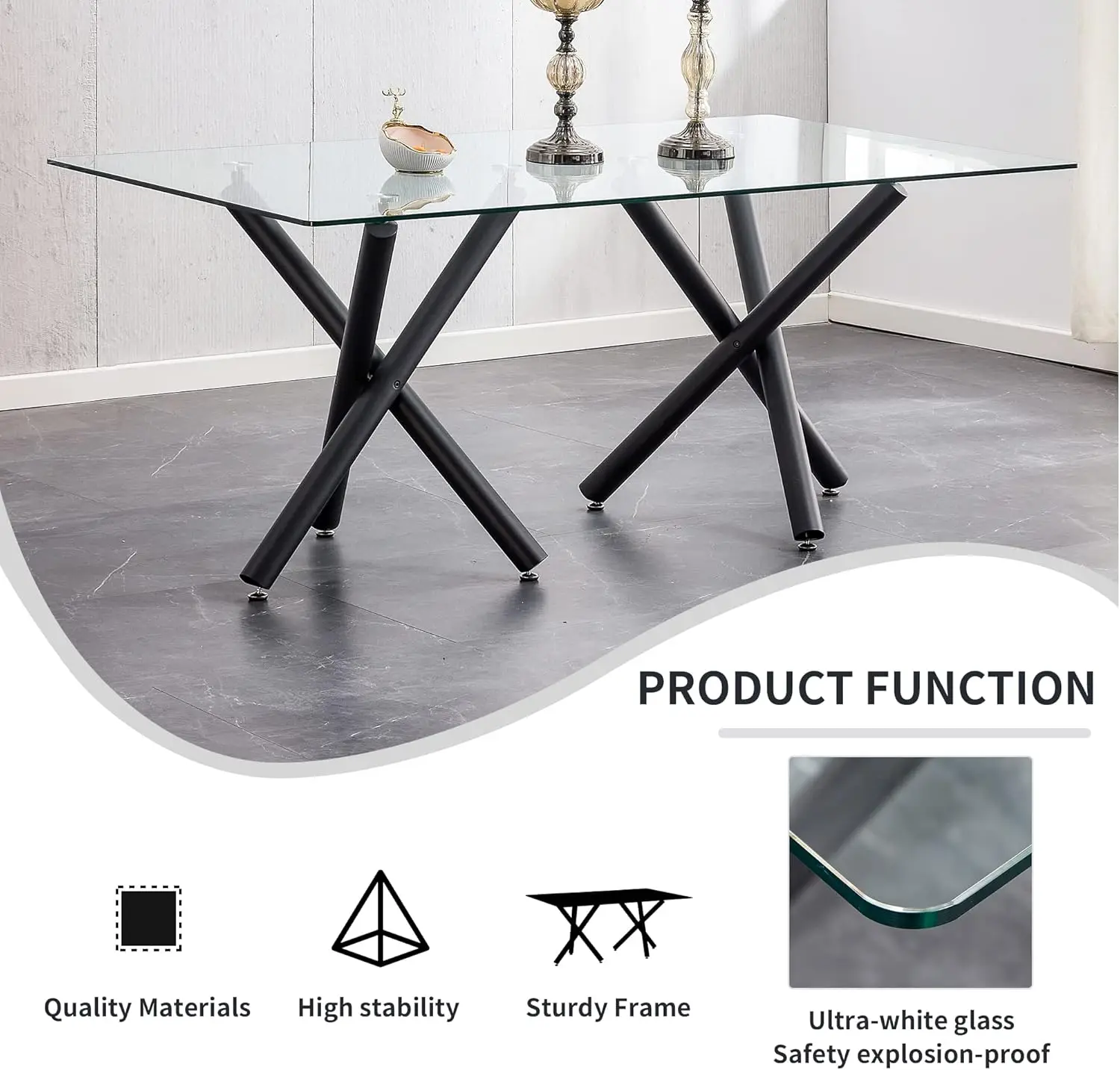 71 inch Glass Dining Table with Clear Rectangular Glass Top, Rectangular Glass Kitchen Table Furniture with 6 Coated Black Metal