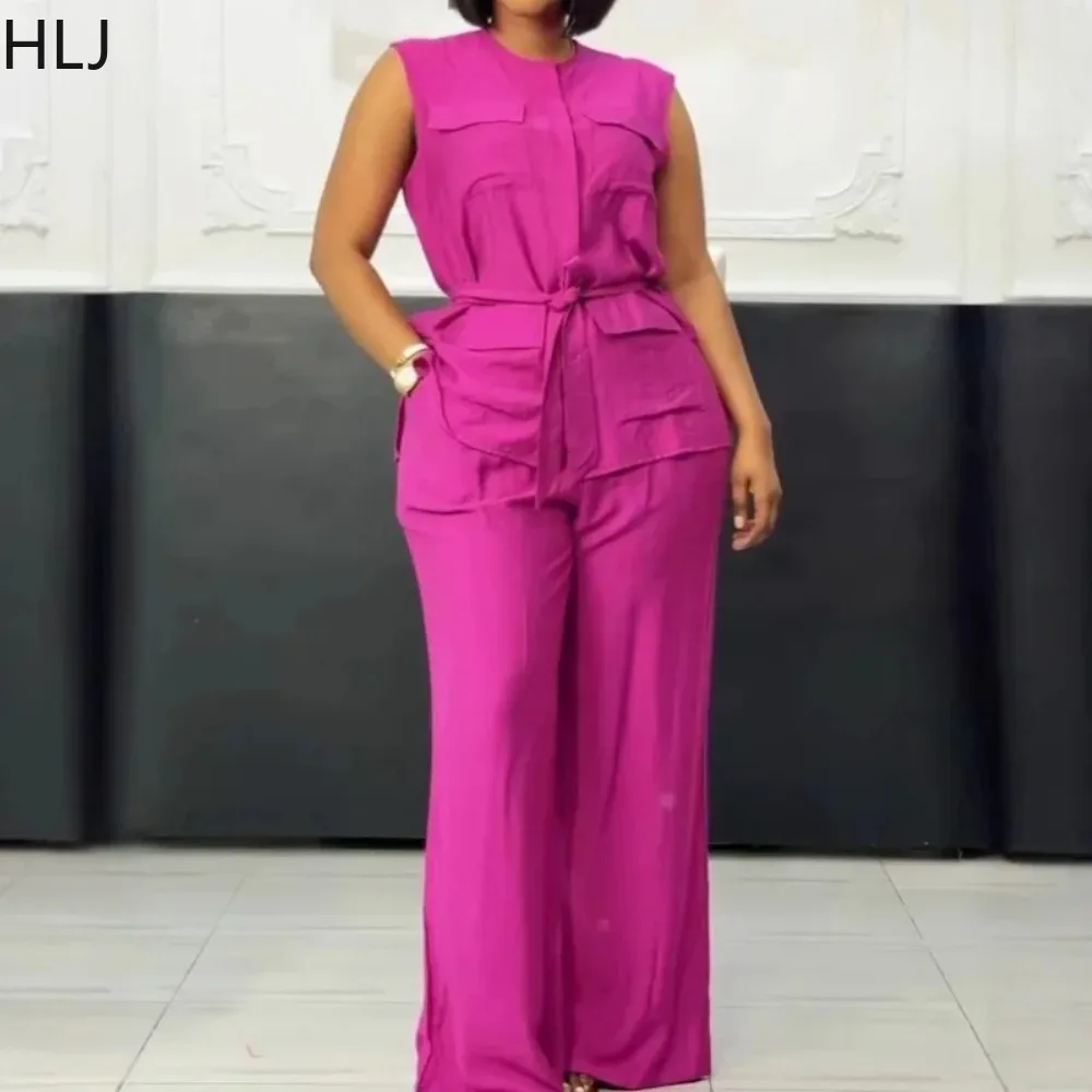 

HLJ Casual Color Block Two Piece Outfits Woman Sleeveless Short Sleeve Pocket Patchwork Crop Top and Pants Female Streetwear New