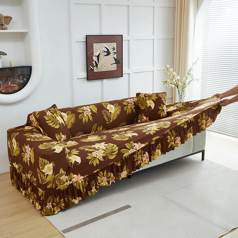 Printed Elastic Sofa Cover with Skirt Hem All-Seasons Full Cover Couch Slipcover Anti-Dirt Multi Functional Home Accessories