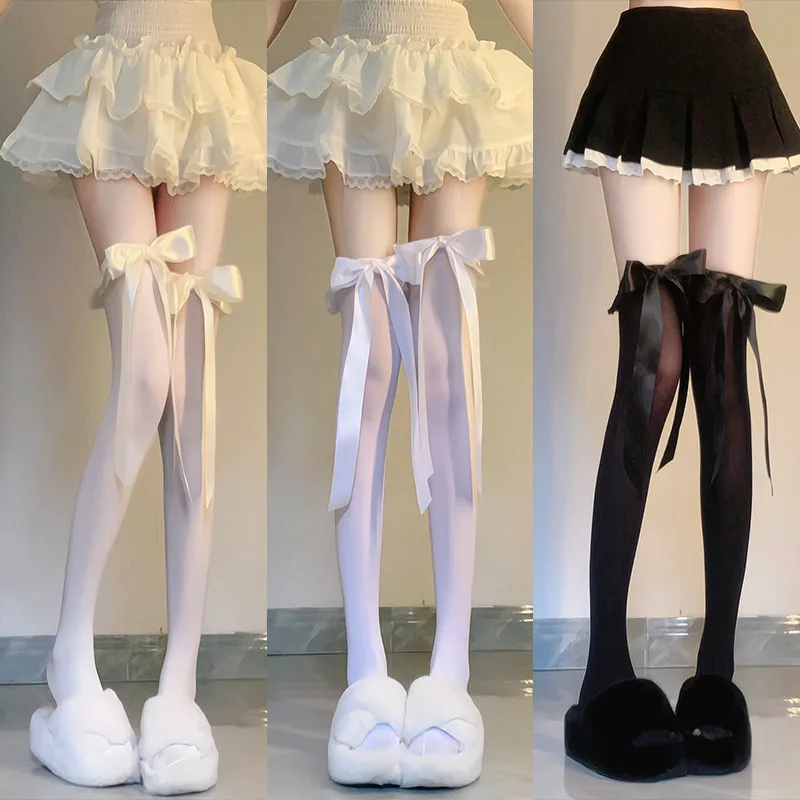 Women's Summer Thin Velvet Bowknot Ribbon JK Thigh High Stockings Sweet Lolita Princess Style Solid Color Sheer Overknee Socks
