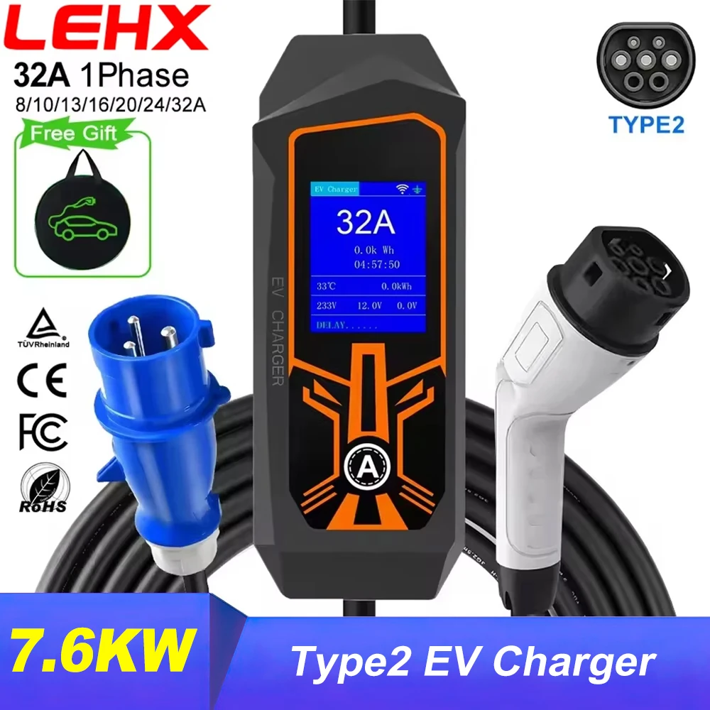 Chargeur de voiture électrique portable, type 2, câble 32A 7,6 kW avec prise CEE, adaptateur de charge EVSE pour véhicule électrique