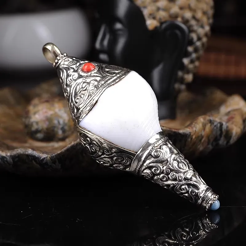 2.9”Handmade Nepal Tibetan Old Silver A Tibet Buddhism Silver Inlay Gem Turquoise Shell Conch Horn Trumpet Mini Pendent
