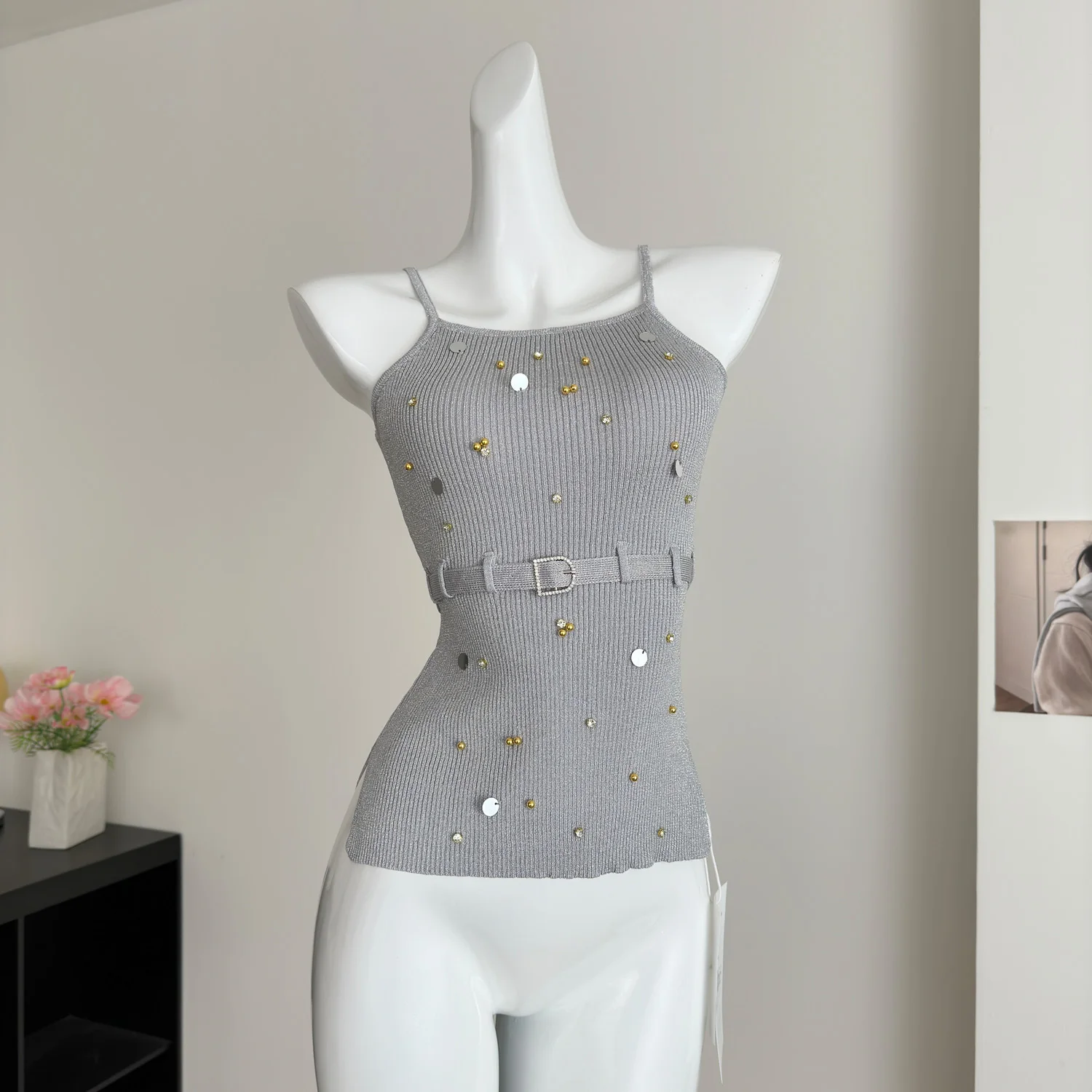 Verão sexy lantejoulas camisola coletes feminino colheita topos slings sem mangas com cinto elegante chique magro senhoras malhas jumpers 2025