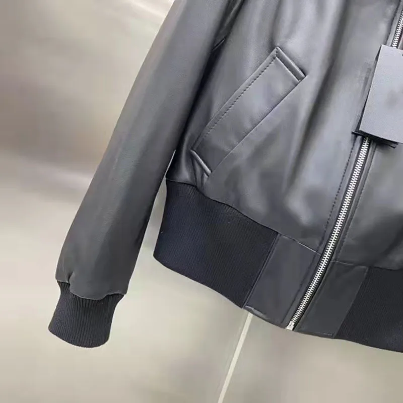 Short Length Coat Women Spring 2022 New Arrival High Quality Genuine Leather Jacket Splicing Textile Fabrics Turn-Down Collar