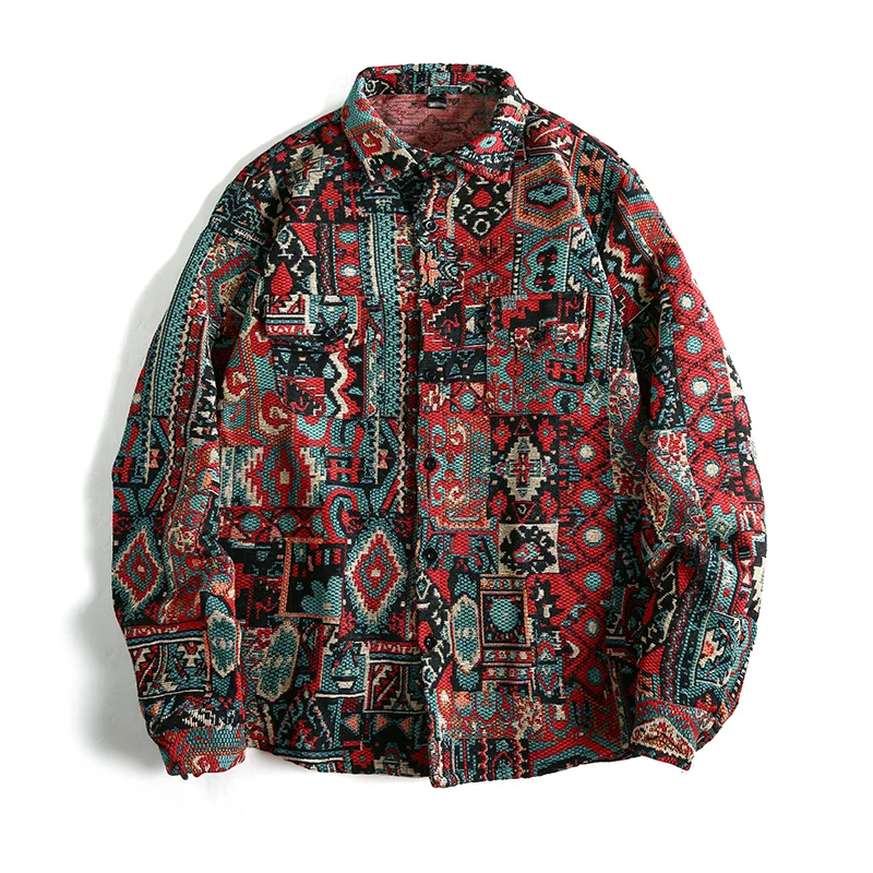 Spring Autumn New Shirt Coat Men's jacquard Trend Shirt Outside The Men's National Wind Casual Lapel Jacket Male Top