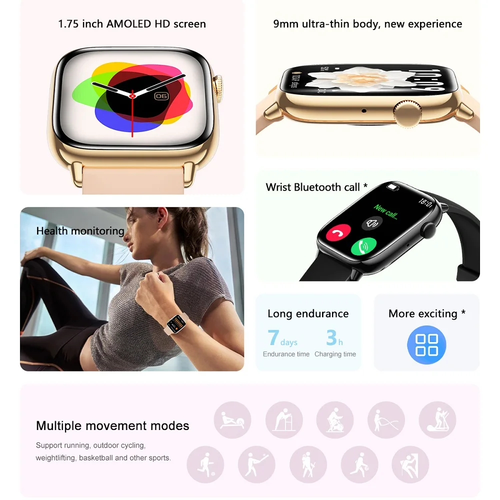 Impermeável fitness relógios inteligentes para homens e mulheres, 1,75 "tela AMOLED, azul dente chamada, sono, monitoramento de saúde, esportes, música