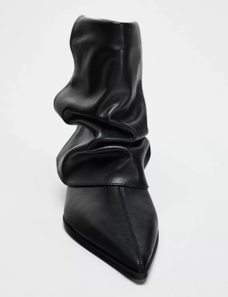 Leder-Designer-Damenstiefel mit Kitten-Heel, Schwarz, Sexy Spitze, Hohe Absätze, Kurze Stiefel, Damen-Winterstiefel mit Falten, Damen-Knöchelstiefel – Detail 5