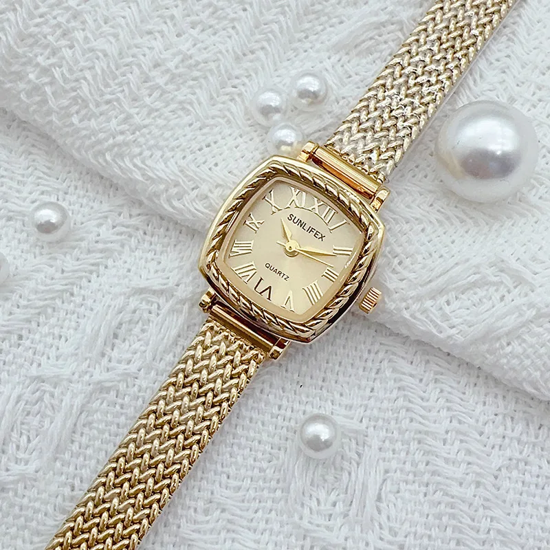 

New Fashion Vintage Style Women Gold Dial Quartz Watch Elegant Exquisite Stainless Steel Wristwatch Ladies Clock Reloj Mujer