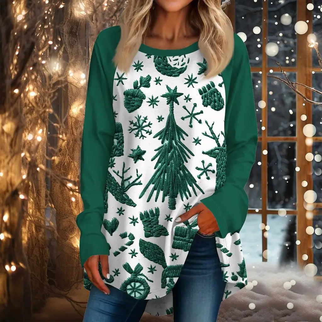 

Christmas limited edition women's 3D Christmas element solid color print round neck long-sleeved T-shirt casual long-sleeved top