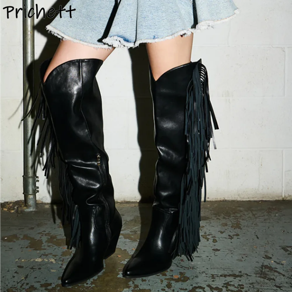 Fringes Black Knight Boots Solid Pointy Toe Square Heels Sexy Runway Winter Warm Thigh High Boots Long Black Cowgirls Shoes 2025