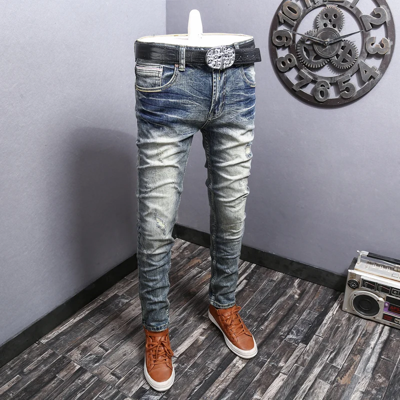 Streetwear Fashion Männer Jeans Retro Blau Elastische Slim Fit Zerrissene Jeans Männer Hosen Vintage Designer Casual Denim Hosen Hombre