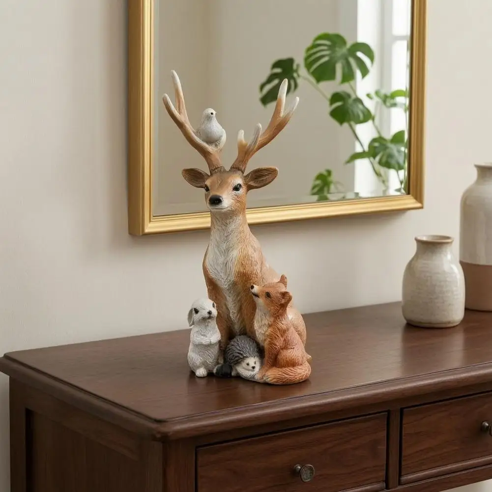Waterproof Forest Deer Resin Statue Elk Figurine with Rabbit Fox Hedgehog Outdoor Garden Sculpture Indoor Tabletop Ornament