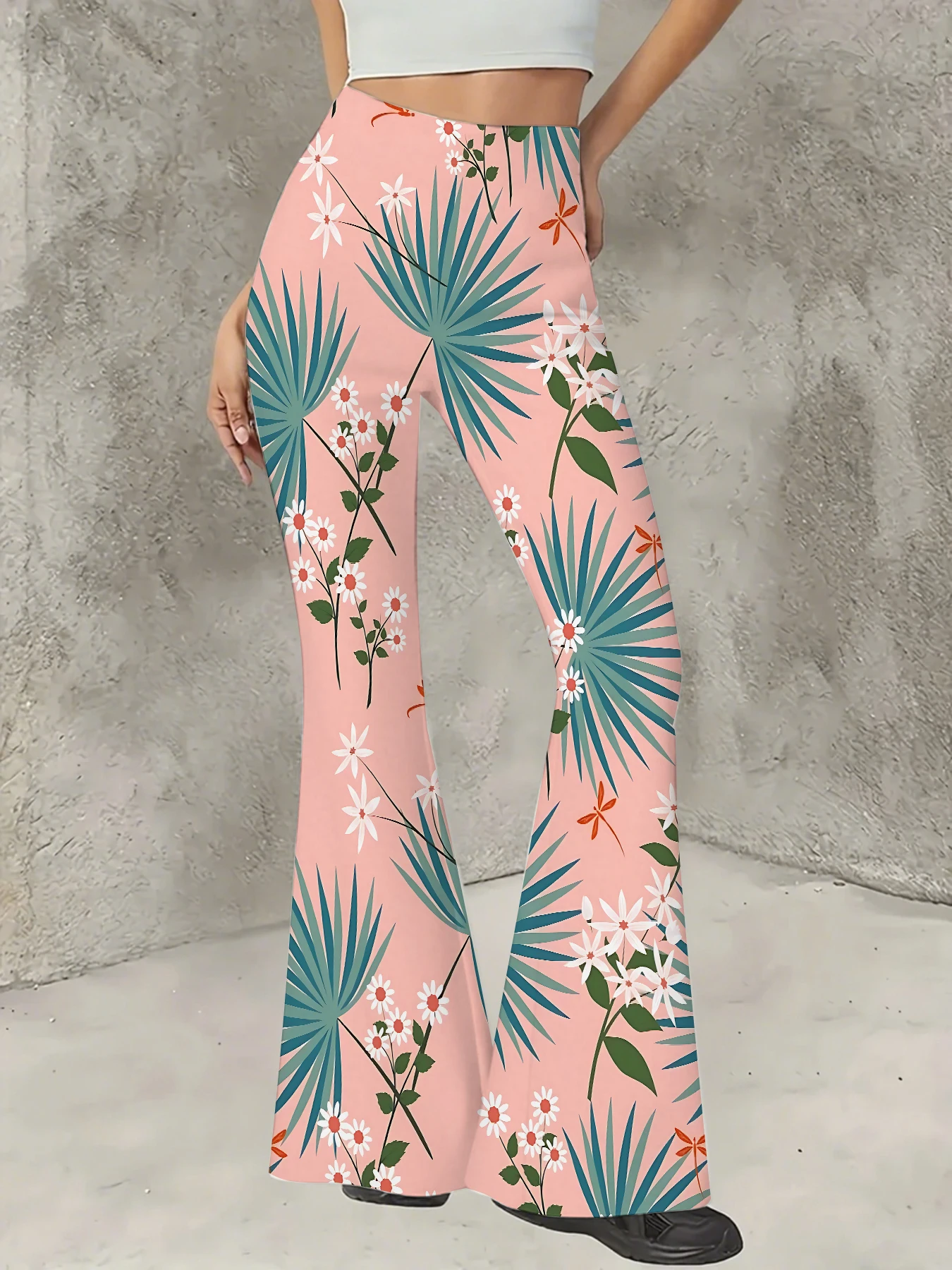 

Women's Print Flare Pants Casual High Waist Knit Bell Bottom Trousers Boho