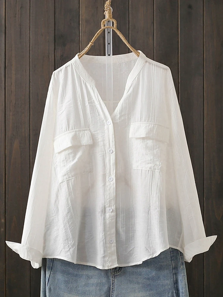 Spring Autumn plus Size 200 Pounds  Color Pocket Texture Shirt Retro Artistic Versatile Loose Slimming Top