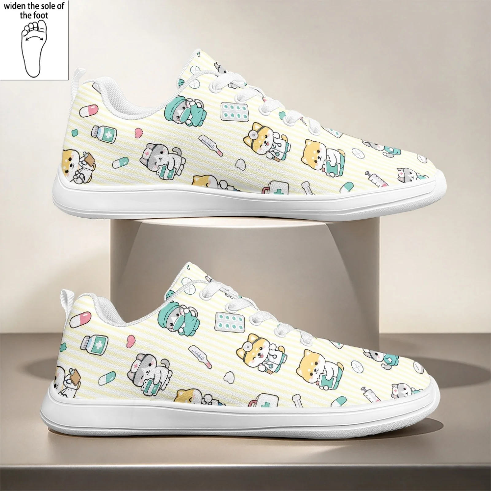 PENSTROLL Cute Medical Animals Lace-Up Nurse Shoes for Women Standing PU Service Industry Shoes Walking Shoes