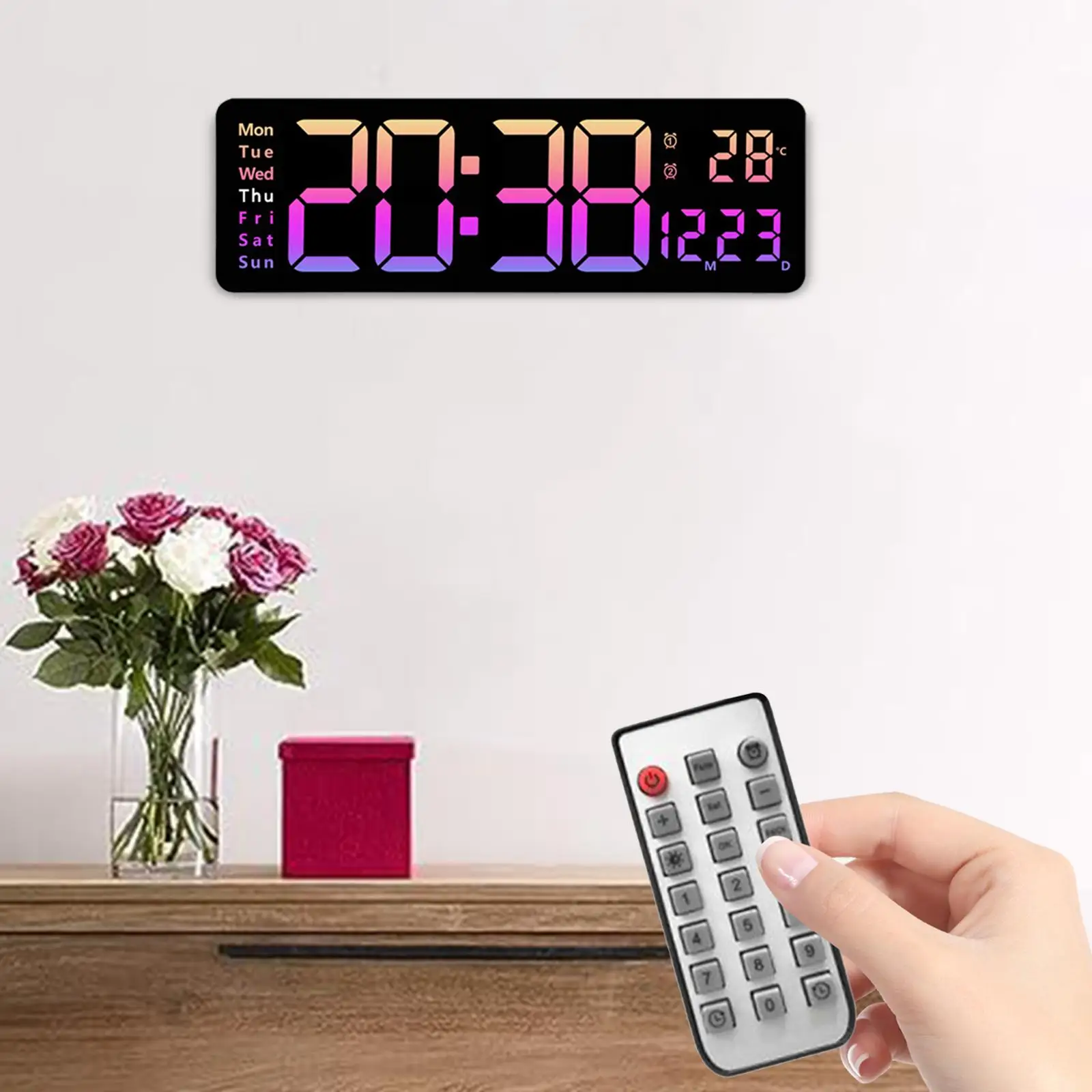 LED Alarm Clock Remote Wall Mountable 10 Adjustable Brightness 16inch Digital Clock for Bedroom Learning Home Office Living Room