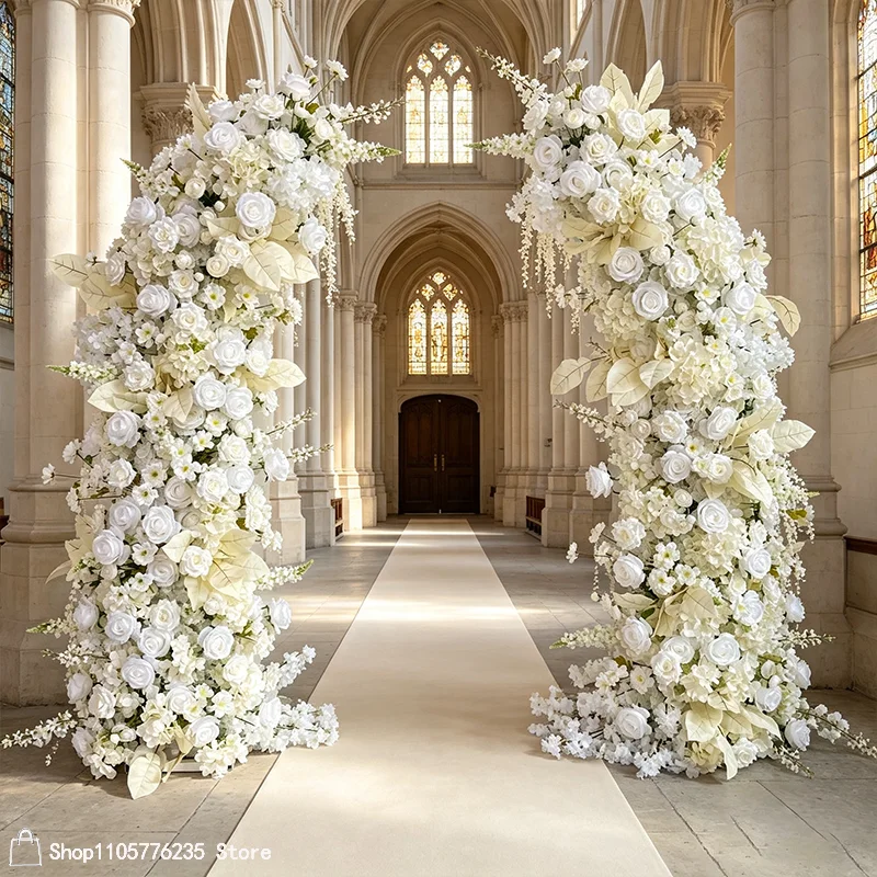 Luxuriöser weißer künstlicher Blumenbogen, Rosen-Blumenarrangement, Kirchen-Hochzeitszeremonie-Hintergrunddekoration, europäische Hochzeitsblumendekoration – Detail 7