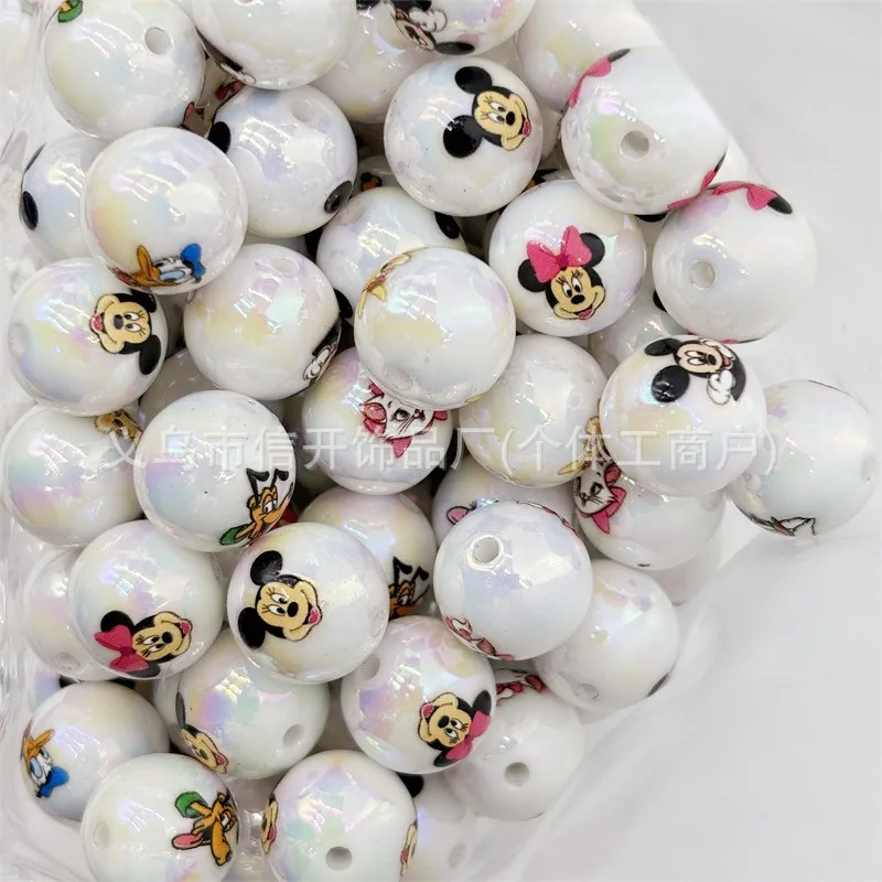 16mm Acrylic Through Hole Mickey and Minnie Series Printing Cute Cartoon Beaded Mobile Phone Chain Diy Handmade Materials