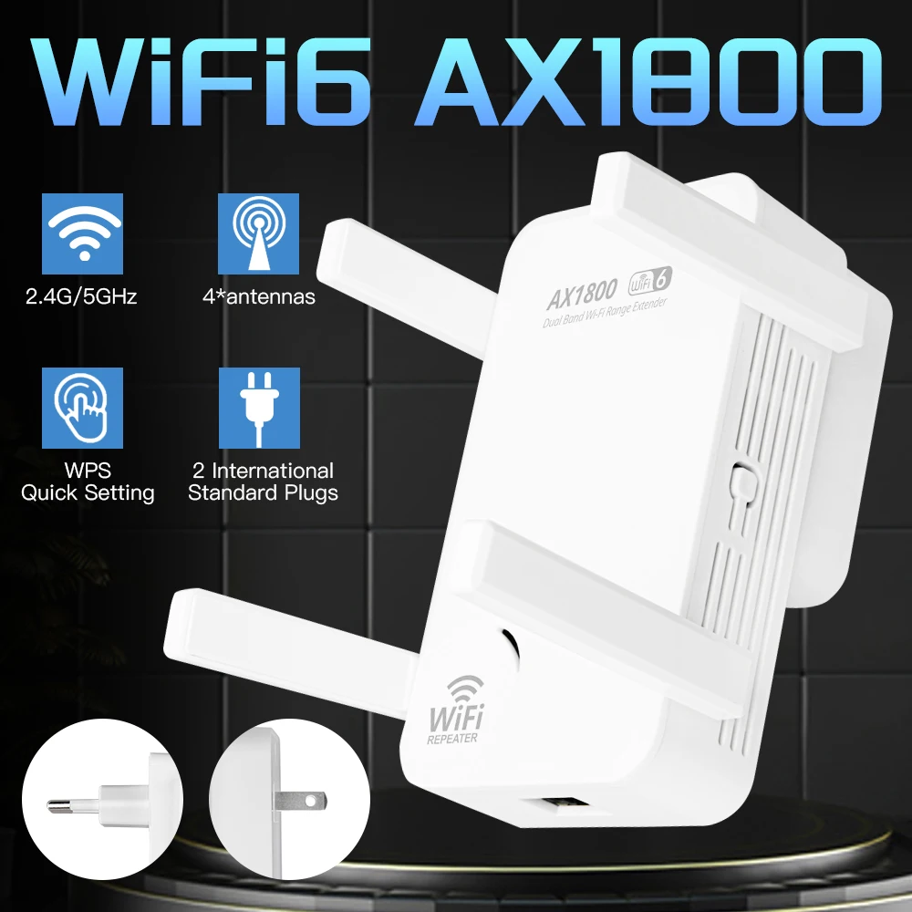 

1800Mbps Wifi6 Wifi Repeater Dual Band 2.4G/5Ghz Wireless Upgrade Range Extender AX1800 Wi-fi Booster Range Signal EU/US Plug