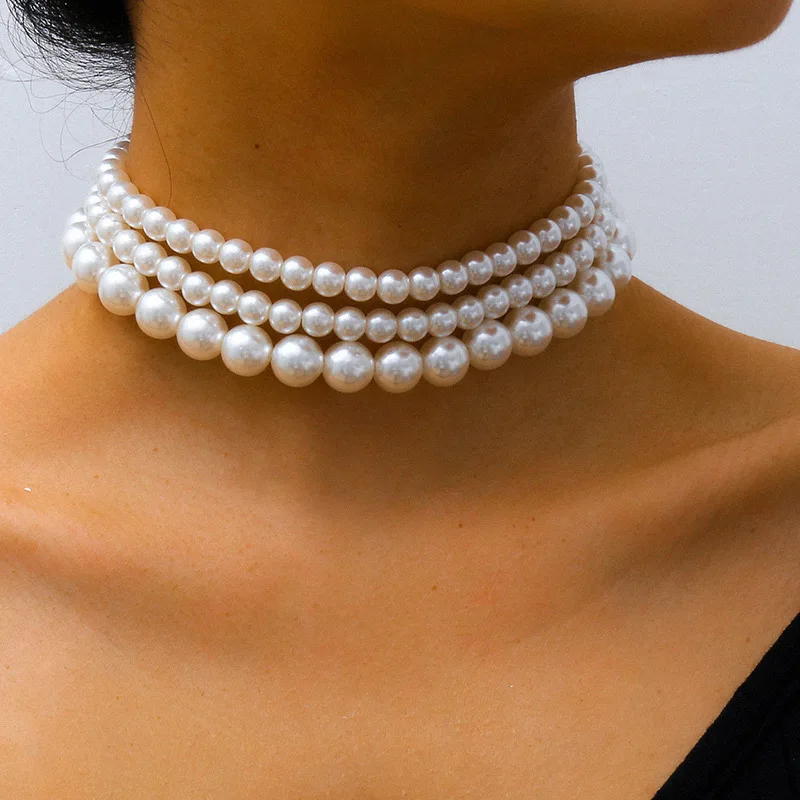 Luxury Jewelry Three Layer Imitation Pearl Necklace for Women's Choker Banquet Dress Necklaces Accessories