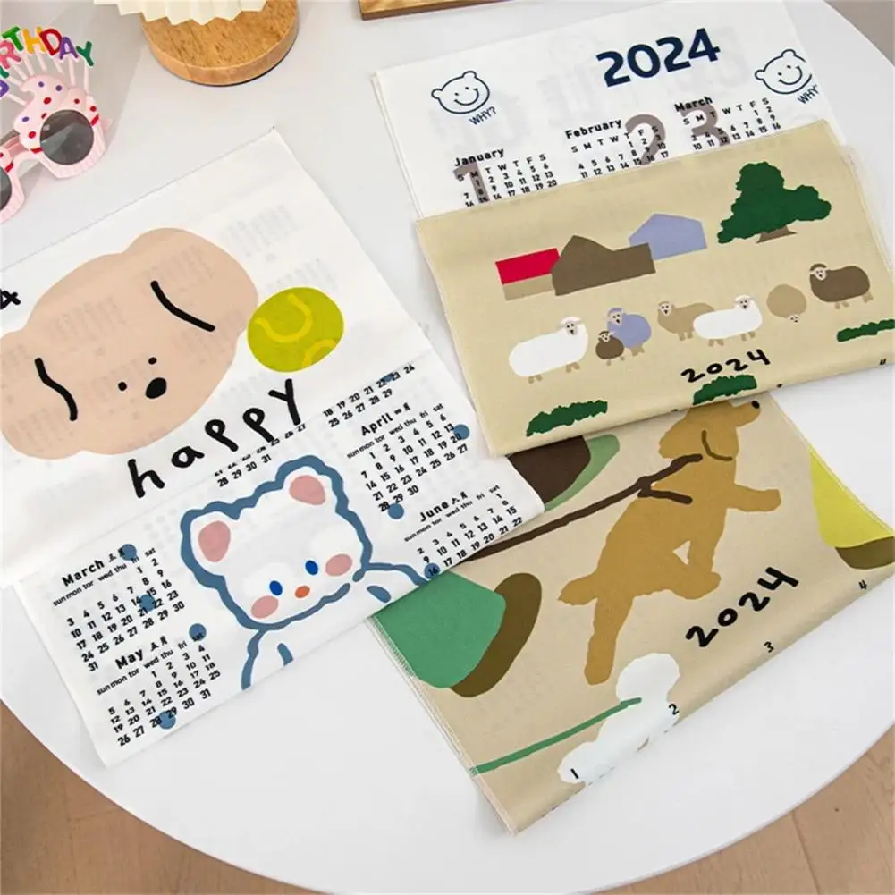 2024 Wandtapijt Kalender Doek Cartoon Patroon Hangende Kalender Decoratieve Wandtapijt Achtergrond Kalender Voor Foto Prop