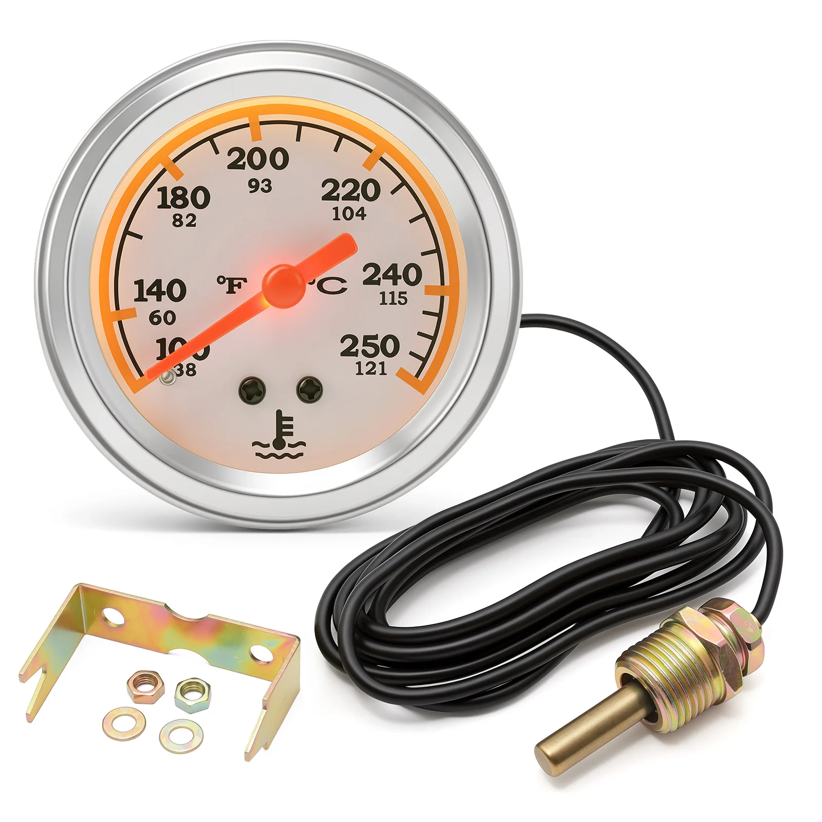 52MM 2 Inch Mechanical 12V Water Temp Gauge 38-121℃/100-250℉ Water Temperature Gauge Car Meter With Sensor NPT 1/2-14
