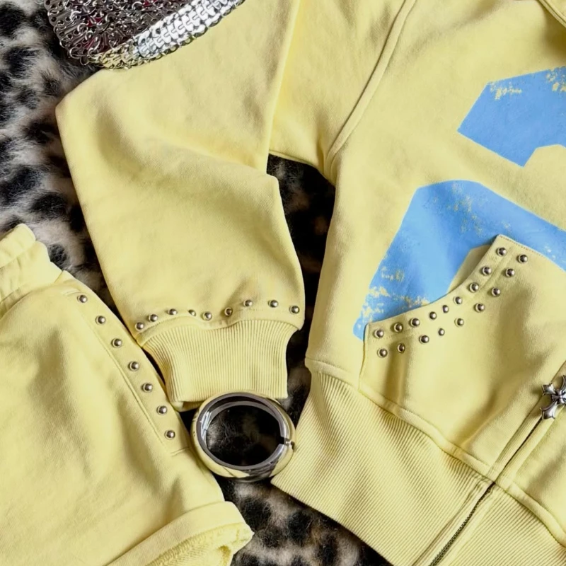 2 Pcs Sweatshirt Co-ords 21 Print Pattern Yellow Mellow Athletic Set Rivet Sweatset New Y2K Retro Hoodie Shorts Women Sport Set image 4
