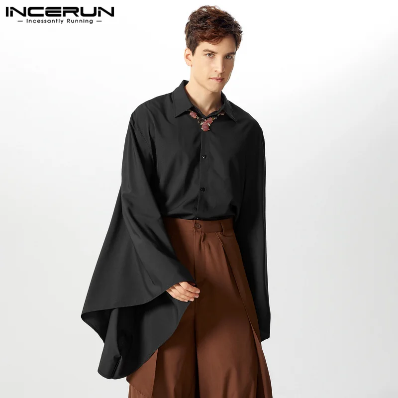

2026 Men Shirt Solid Color Lapel Flare Long Sleeve Button Vintage Casual Men Clothing Loose Streetwear Leisure Shirts INCERUN