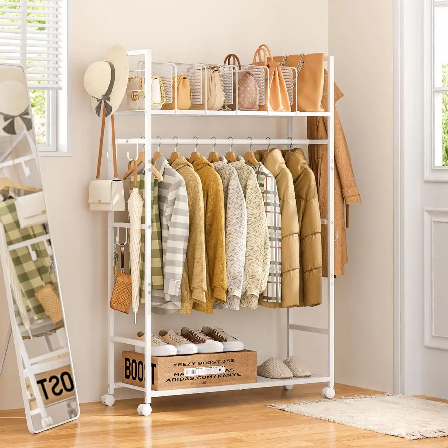 Portable Clothes Rack with Adjustable Shelf Divider, Freestanding Closet Organizers and Storage, Garment Rack and Purse Storage
