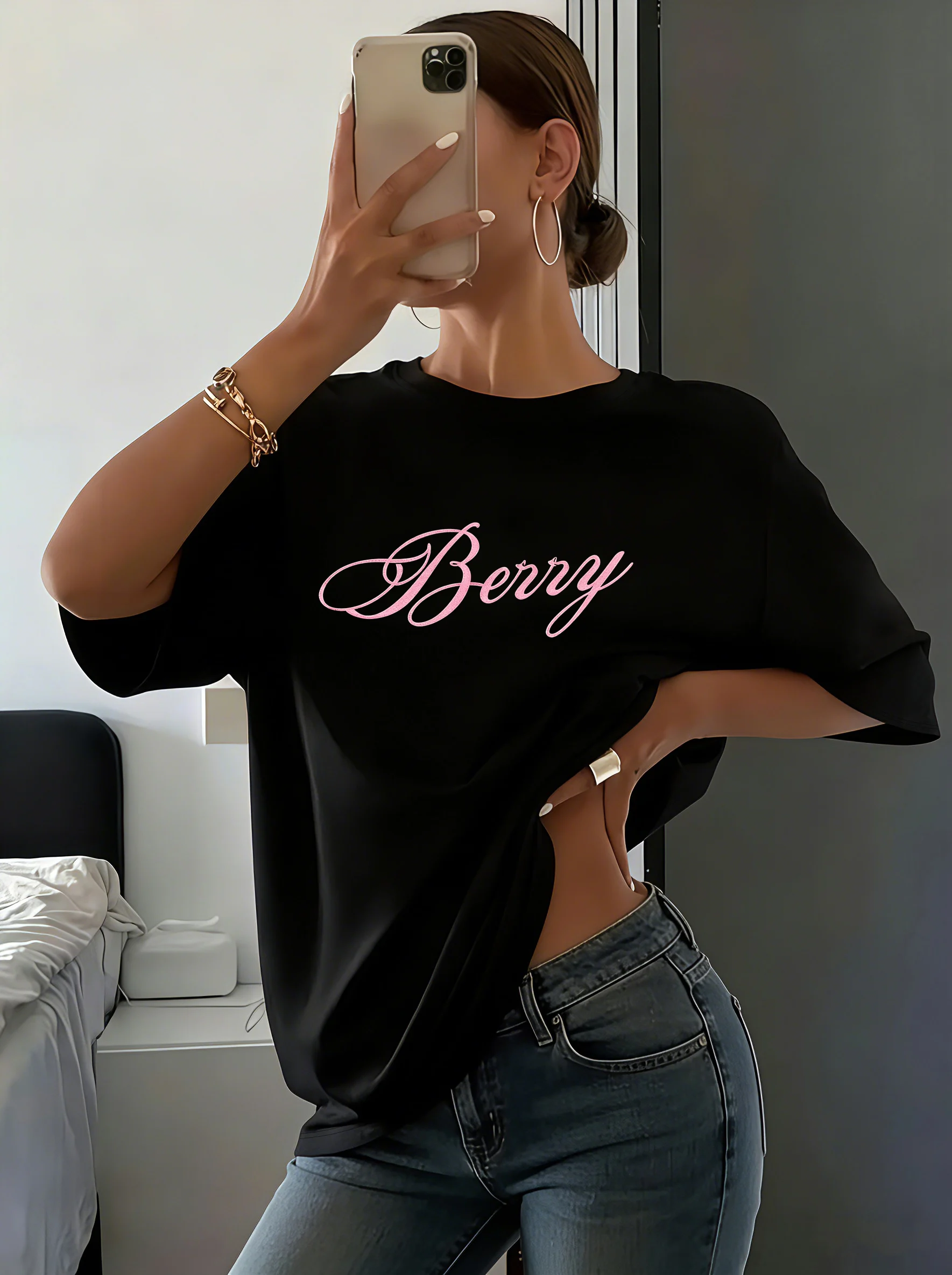 Women's 64% Cotton Berry Racing Pink Sports Car Print Short Sleeve T-Shirt T Shirt Women Clothing