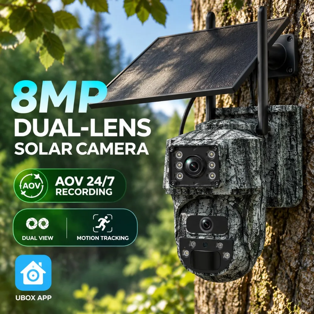 24/7 Recording Solar Camera WiFi Outdoor Daul View AOV Zoom 4G CCTV Auto Tracking Alerm Security Battery PTZ Cameras Protection