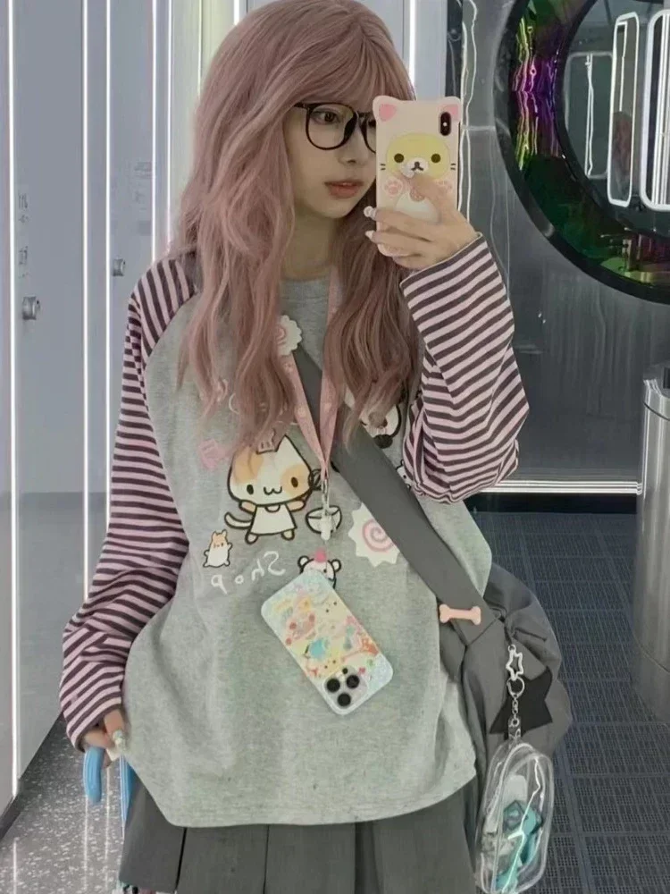 Grey Pink Striped Panda Print Long Sleeve Shirts Y2k Cartoon Japanese Harajuku Kawaii Loose Hoodie Women Spring New Tees