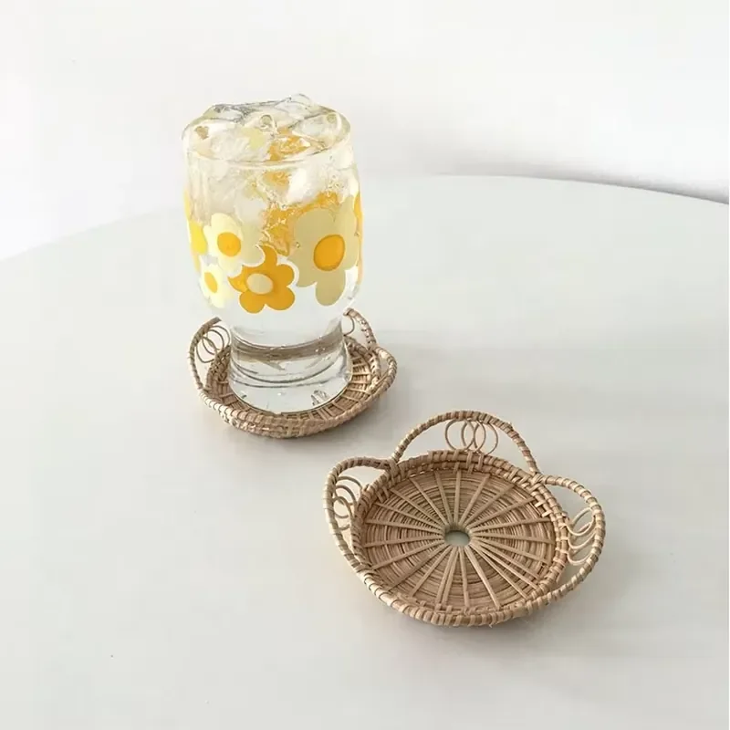 Hand Woven Round Bamboo Rattan Coasters with Flower Edge Cup Pads Mats & Pads