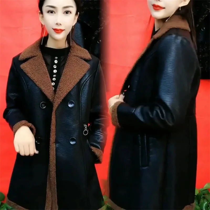 

Women's PU Leather Jacket With Thick Velvet Warm Fur Coat 2025 Winter Leather Jackets Lady Warm Slim Fit Fur Integrated Overcoat