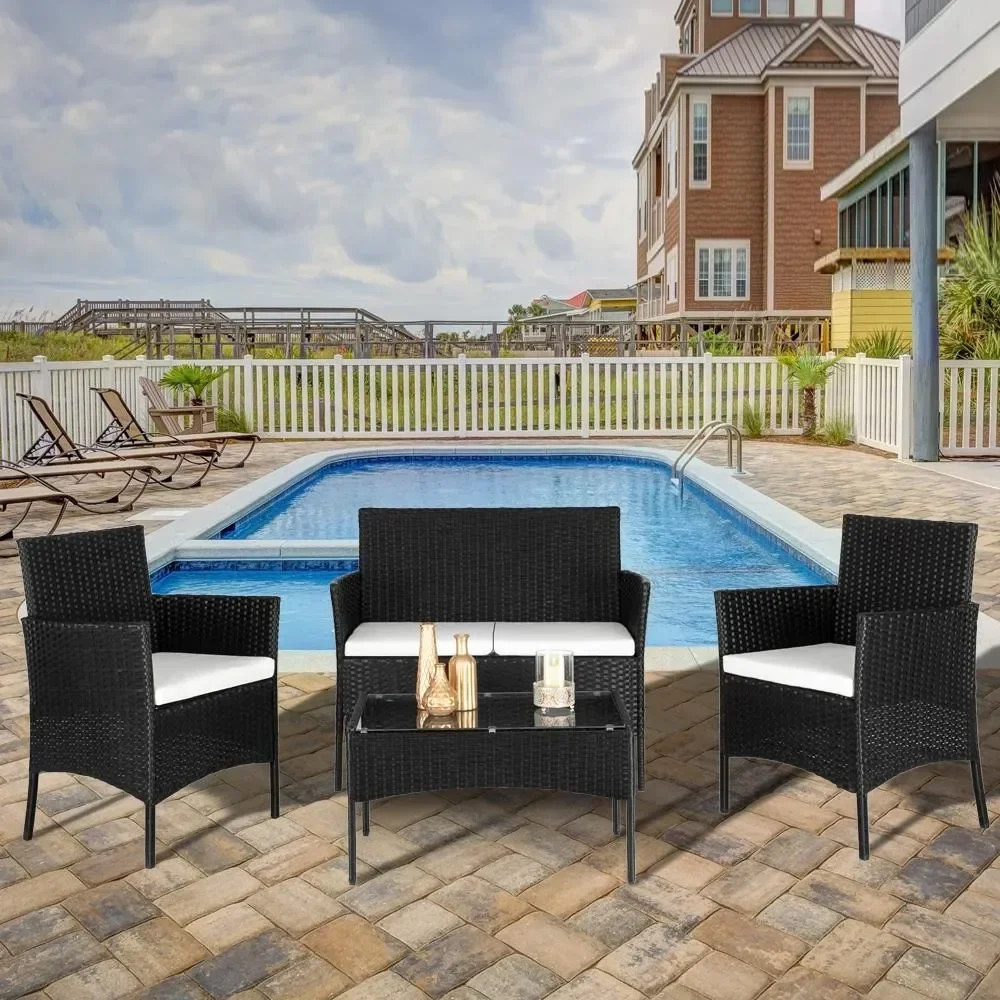 4Pack Outdoor Patio Rattan Wicker Table Sofa Patio Furniture Set w /Cushions