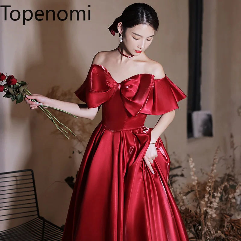 

Topenomi Red Evening Dress Women 2024 New Simple Bow One Shoulder Waist Wedding Party Gown Elegant Banquet Engagement Vestidos