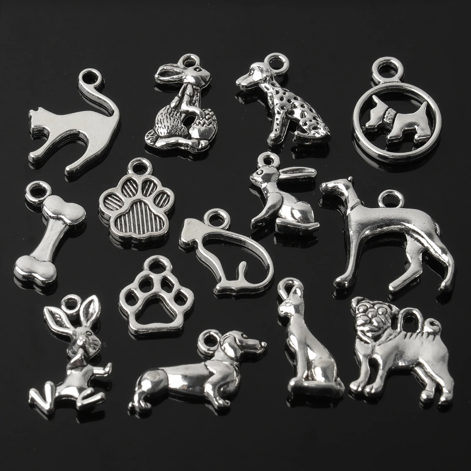 10pcs Silver Color Animal Cat Dog Rabbit Shape Pendant Alloy Cute For Jewelry Making DIY Earring Necklace Bracelet Findings