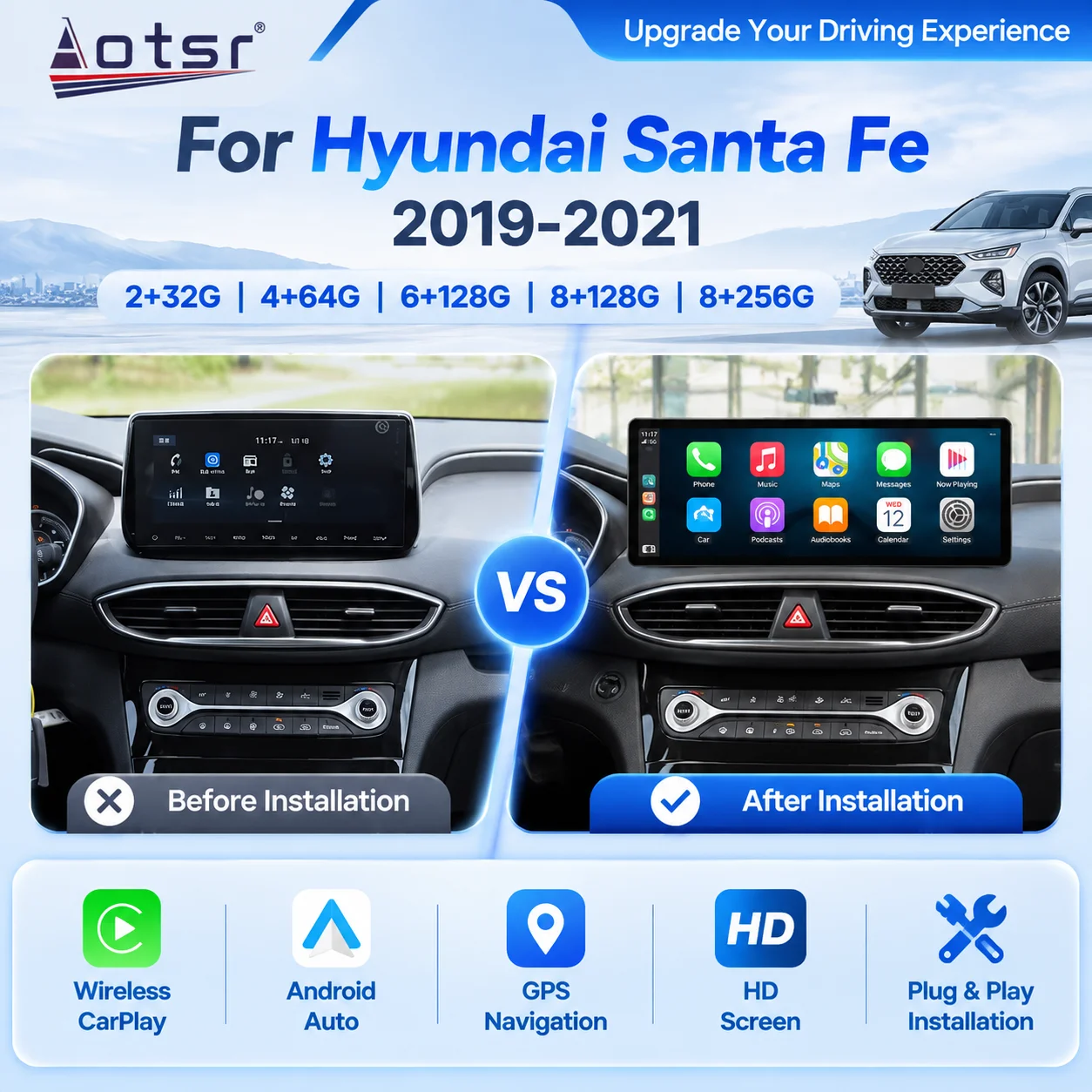 Car Accessories Panel Android 14 12.3 inch Touch Screen Car Radio For Hyundai Santa Fe 2019-2021 GPS Navigation Stereo Head Unit