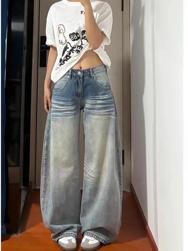 

American Style Retro Knife Jeans Women's Loose Straight Leg Casual Floor Length Scythe Pants High Waist Denim Spring 2026