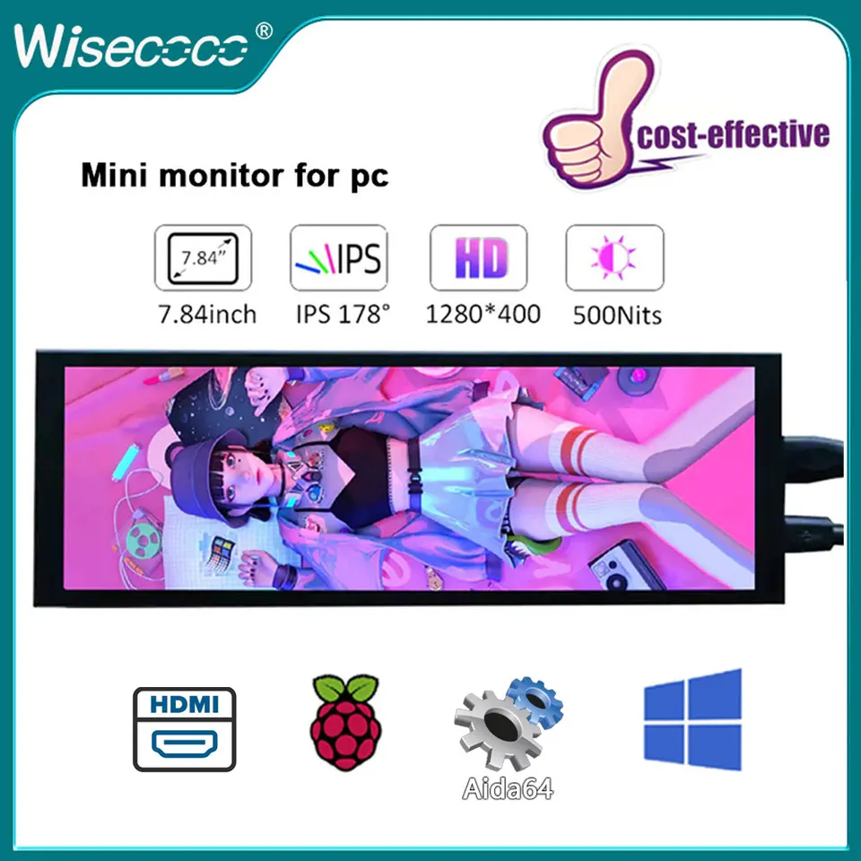 Wisecoco 7.84 インチ 1280x400 ミニポータブルモニター PC スクリーン