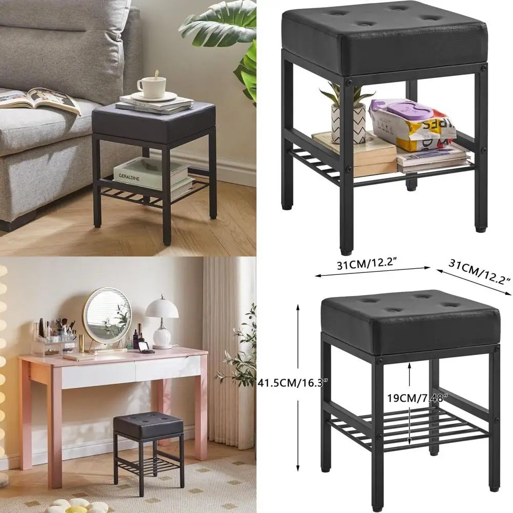 

Adjustable Footrest Makeup Stool with Storage, Black PU Vanity Chair, Multi-Functional Ottoman for Bedroom, LG-60B