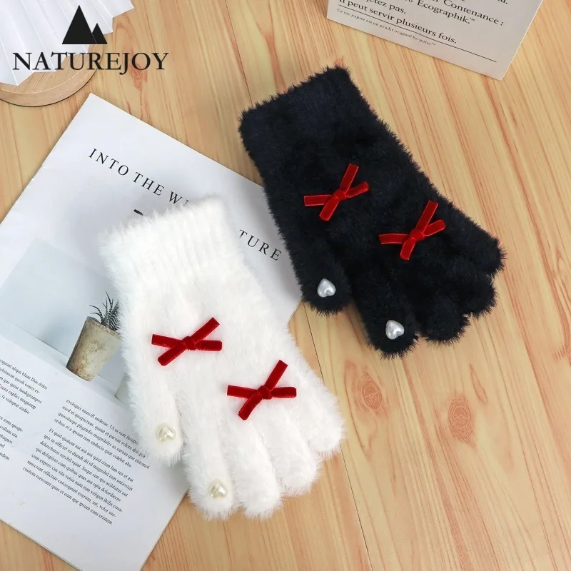 Winter Gloves Women Warm Thermal Gloves Japanese Sweet Bow Love Imitation Mink Five-finger Plush Heated Mitten Snow Small Kawaii