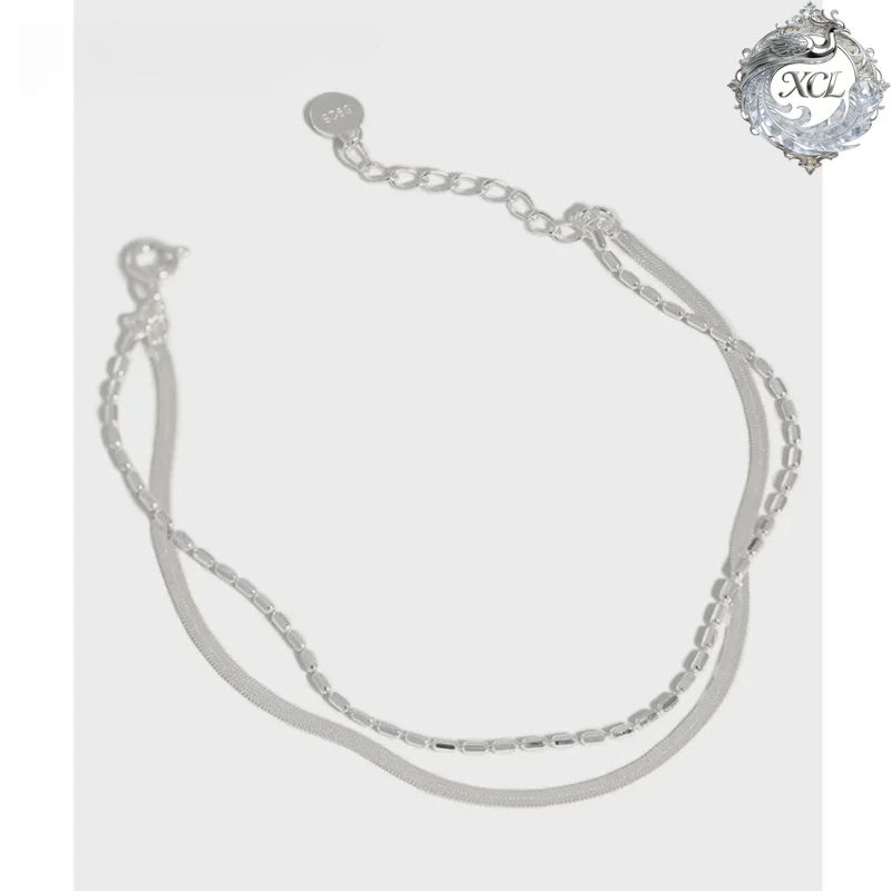 

XCL S925 Sterling Silver Hypoallergenic Double Layers Flat Bead Chain Bracelet Adjustable Romantic Gift Jewelry for Women