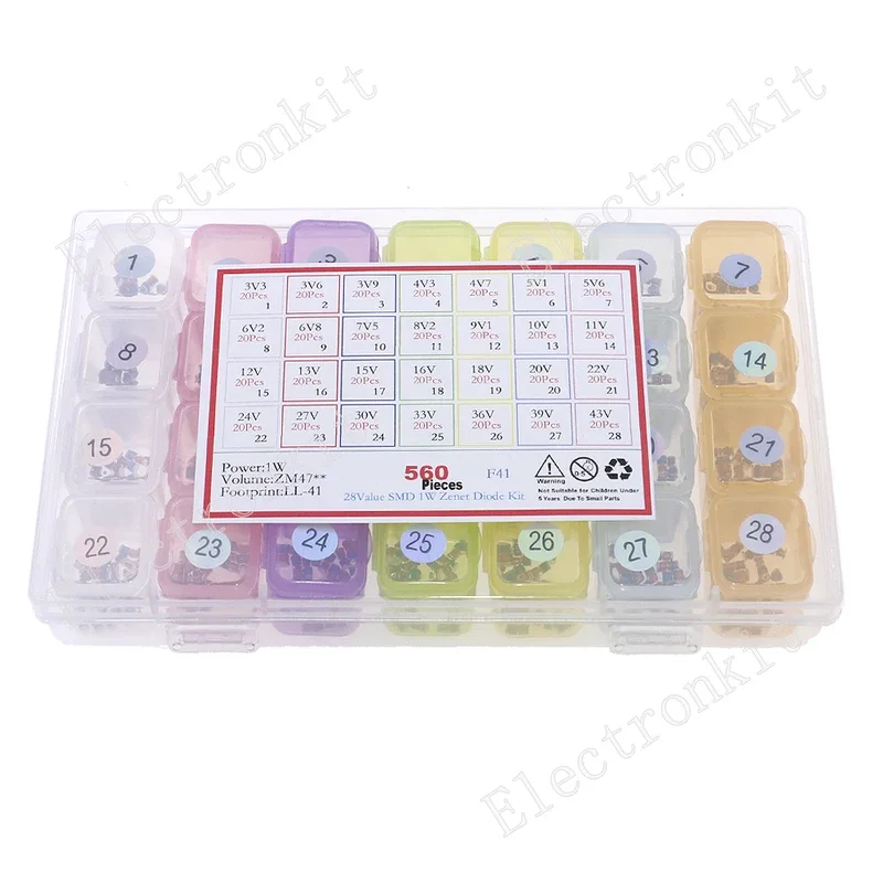 560pcs 28Value 1W SMD Zener Diode Kit LL-41 3.3V 3.9V 4.3V 4.7V 5.1V.5V 8.2V 9.1V 10V 12V 13V 15V 18V 22V 24V 30V 33V 39V 43V