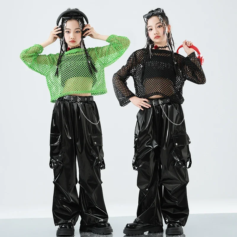 소녀 k-pop 메쉬 운동복 스트리트 댄스 카고 바지 십대 힙합 streetwear 어린이 어린이 재즈 반짝 이는 의상 의류 세트